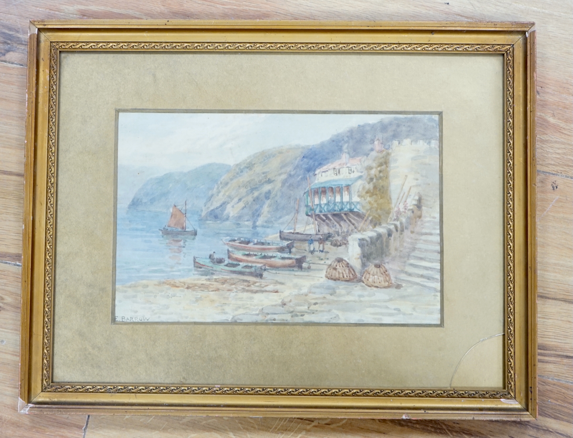 F. Barrow, watercolour, Cornish fishing village, signed, 16.5 x 25cm